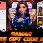 A smiling woman in a futuristic outfit holds stacks of cash in both hands, standing between two smartphones displaying the Daman Games app login and game selection screens. Bold text at the bottom says “Daman Games Gift Code 2025” in glowing red and gold letters.