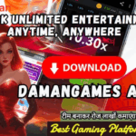 Promotional image for DamanGames APK featuring a glamorous, animated woman in a red dress with long red hair. In the background, there are mobile phone screens showing gaming apps. Text reads, "Unlock Unlimited Entertainment Anytime, Anywhere," with a large red "Download" button. Additional text at the bottom says, "Best Gaming Platform 2024" and a Hindi tagline promoting earnings.
