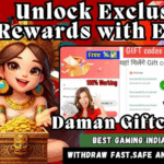 Colorful promotional image for Daman Giftcode featuring a cartoon-style girl in festive attire holding a treasure chest filled with gold. Behind her are images of gift code redemptions, a happy woman celebrating, and icons of coins and rewards. Text reads, "Unlock Exclusive Rewards with Ease," "100% Working," "Best Gaming India 2025," and "Withdraw Fast, Safe and Stable."