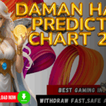 Fantasy-style goddess holding a glowing orb with the text "Daman Hack Prediction Chart 2025" in bold gold letters, download button and QR code visible.