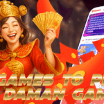 A cheerful woman in traditional golden attire holds gold ingots and fan-shaped currency while surrounded by red envelopes and golden coins, with a smartphone screen showing the Daman Games website. Bold text reads “10 Games to Play on Daman Games.”