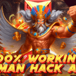 A powerful winged warrior with a colorful headdress and glowing blue eyes stands in a grand casino, flexing his arm with confidence. Golden coins and bills float around, and bold text reads “100% Working Daman Hack App.”
