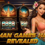 Smiling woman in a colorful outfit stands beside slot machines labeled "Amulet," "Fortune," and "Riches" with bold text "Daman Games Hack Revealed" in gold.