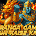 A powerful Egyptian-themed blue warrior stands beside a fierce golden dragon, surrounded by golden crowns and ornate icons. The bold text at the bottom says, “Tiranga Game Login Kaise Kare.”