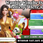 A promotional image for Daman Lottery featuring a glamorous woman in a golden outfit surrounded by lottery balls, cards, and dice. A mobile screen displays different lottery game options like Win Go, Trx Hash, and 5D Lotre. The image includes a QR code for scanning, a website link, and text promoting fast and secure withdrawals.