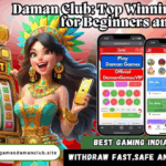 Promotional image for Daman Club featuring a cheerful woman in a colorful outfit standing next to a slot machine labeled 'Backpot.' Two smartphones display the Daman Games interface, showcasing various game modes like 'Play Daman Games VIP' and options for Win Go and Trx Hash. The image promotes fast, safe, and stable withdrawals, with a QR code and website 'gamesdamanclub.site' for downloading.