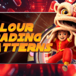 A colorful digital banner showing the text "Colour Trading Patterns" in bold, yellow-orange 3D letters. On the right side, a cheerful cartoon boy wearing a traditional red Chinese outfit is performing a lion dance, with a roulette wheel in the background and glowing red lights all around.