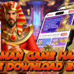 A royal-themed character dressed like an Egyptian pharaoh holding a smartphone showing the Daman Game app interface, surrounded by gift boxes, with the title “Daman Game Hack Free Download 2025.”